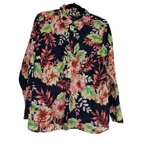 Talbots Top Womens XLp Petite Navy Blue Neon Floral Button Up Top Beach Coastal
